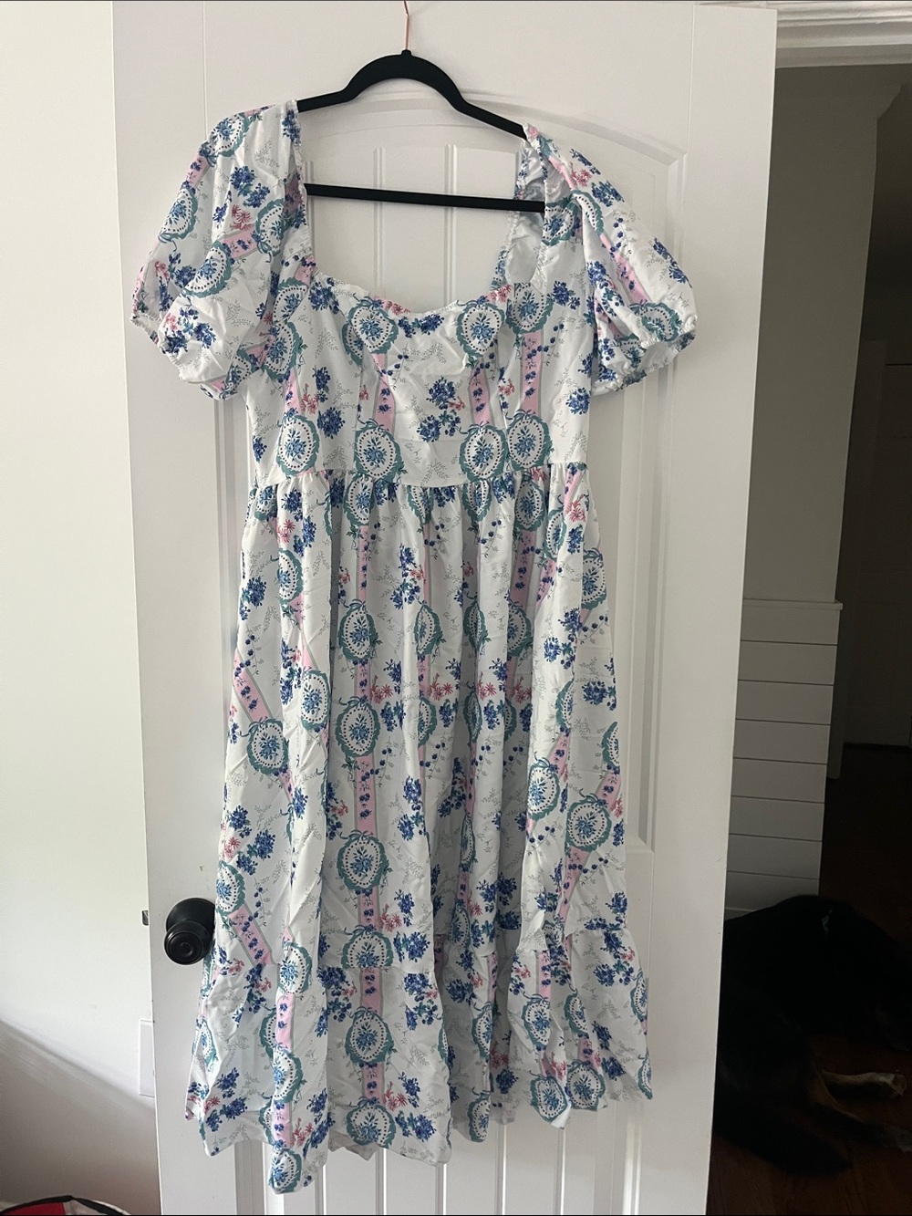 SHEIN Curve White Floral Medallion Midi Dress with Blue and Pink Accents